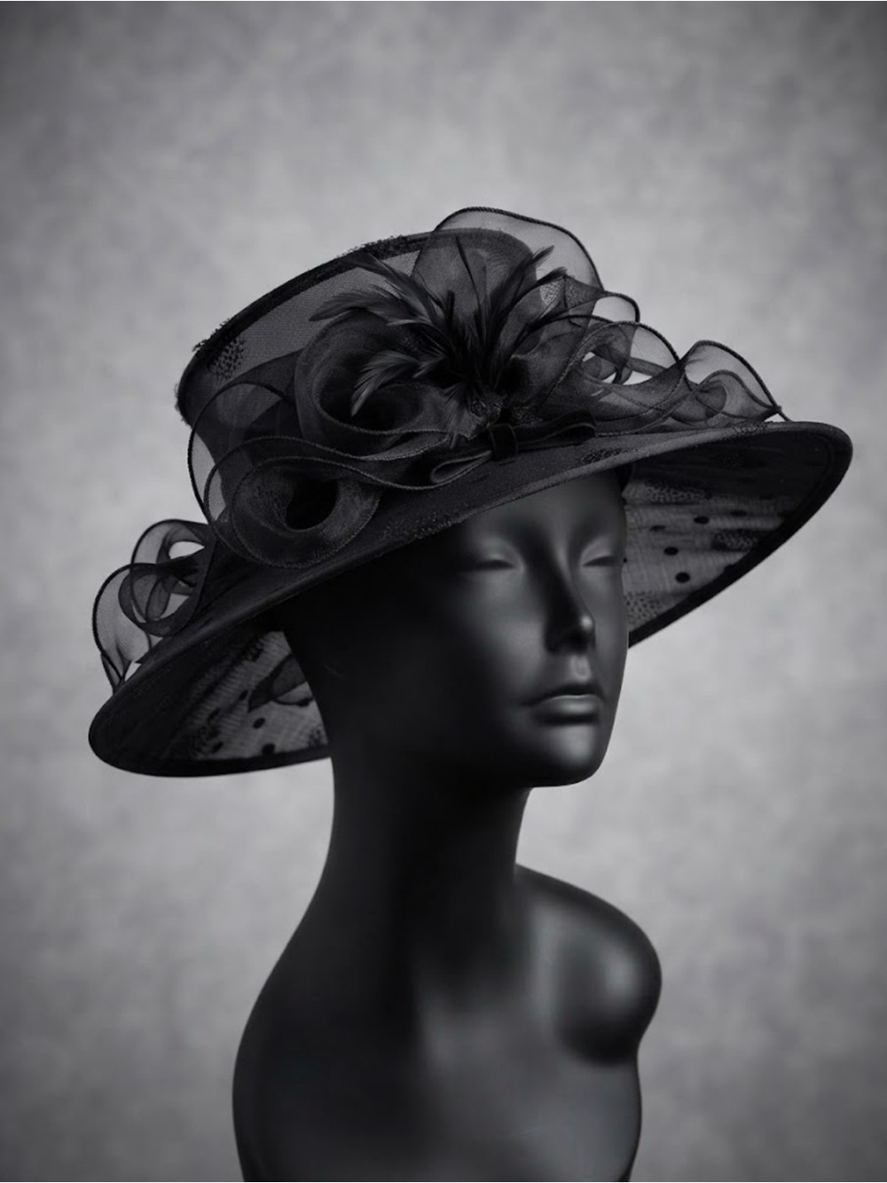 Fine Millinery by August Hat emEmbellished Bow Feather Wide Sheer Brim Derby Hat